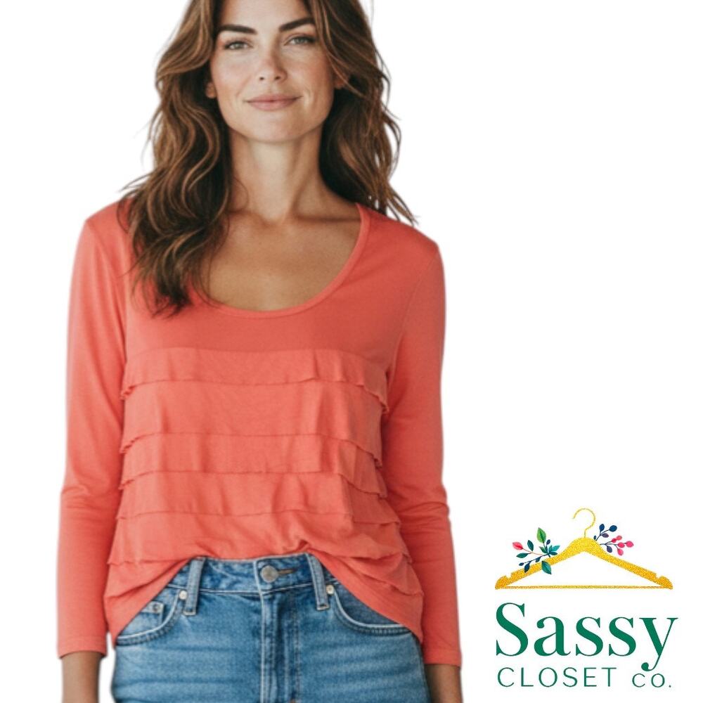 CHICO'S Vibrant Coral Ruffle Layer Front Top 2 US 12 Large 3/4 Sleeve EUC